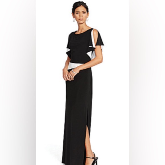 Ralph Lauren Evening Maxi Dress – Black & White, Size 12, Slit & Flare Sleeves - Picture 1 of 9